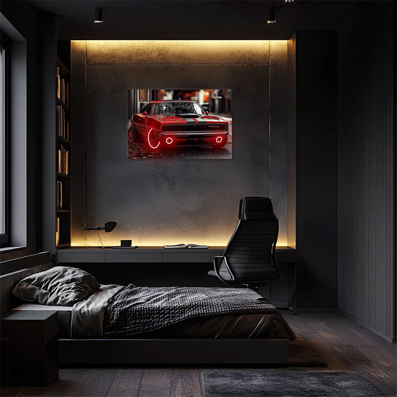 Classic Neon Muscle Car Wall Art (UV Printed) – Red Sports Car Man Cave Decor