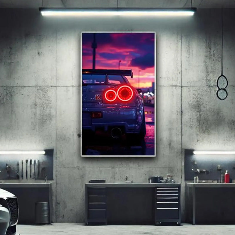 Sports Car LED Plexiglass Wall Art – UV-Printed Neon Effect with Dimmer, Modern Garage Decor
