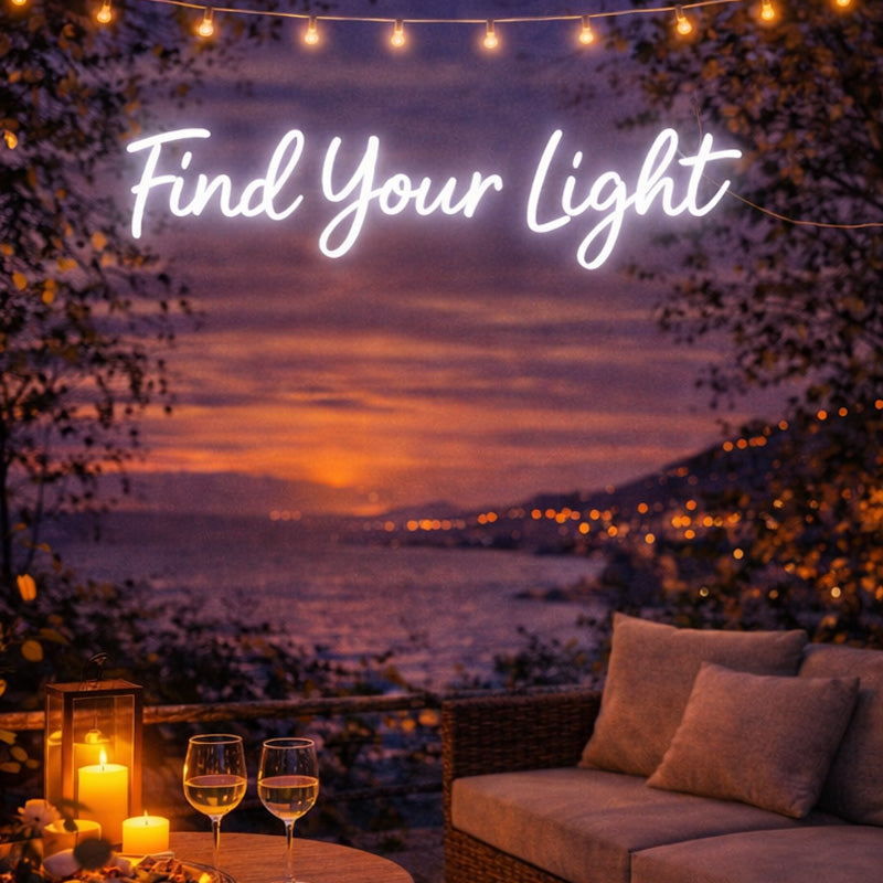 “Find Your Light” LED Neon Quote – Soft White Ambient Wall Decor