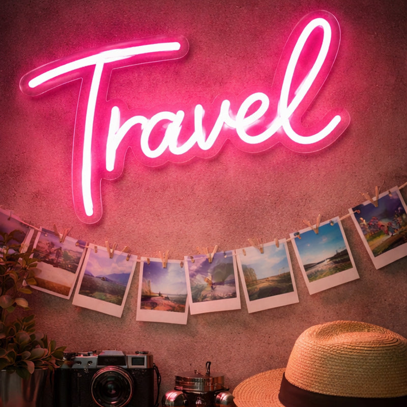 “Travel” Neon Sign – Pink Script LED Neon Light for Wanderlust Décor & Creative Spaces
