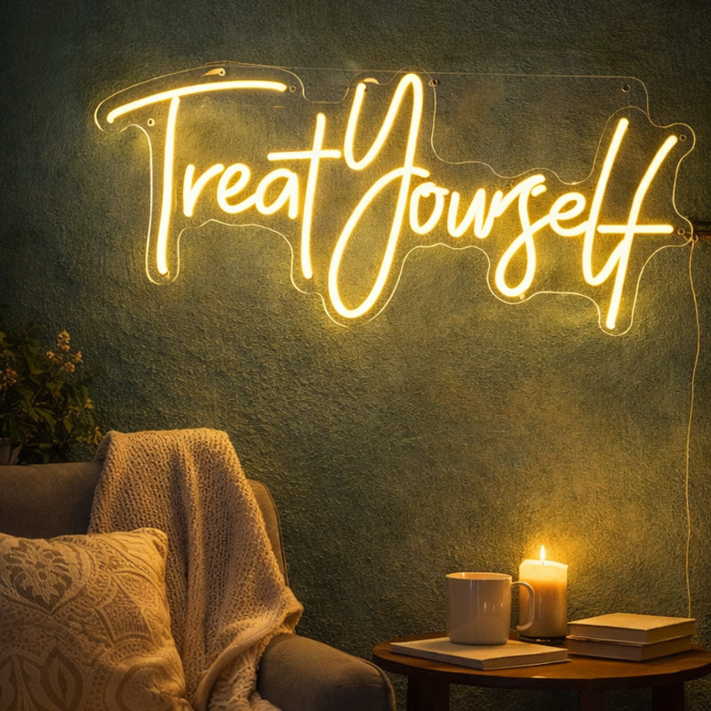 “Treat Yourself” Neon Sign – Warm White Script LED Neon Quote for Home & Self-Care Décor