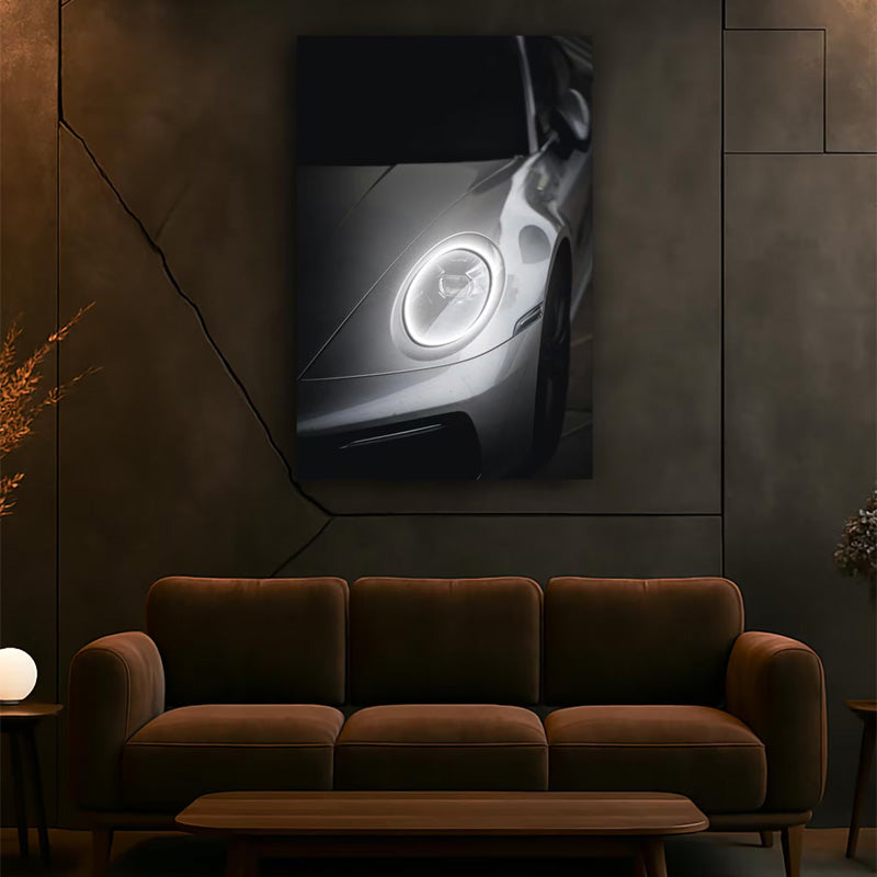 Luxury Silver Sports Car Neon Wall Art (UV Printed) – Modern LED Automotive Decor