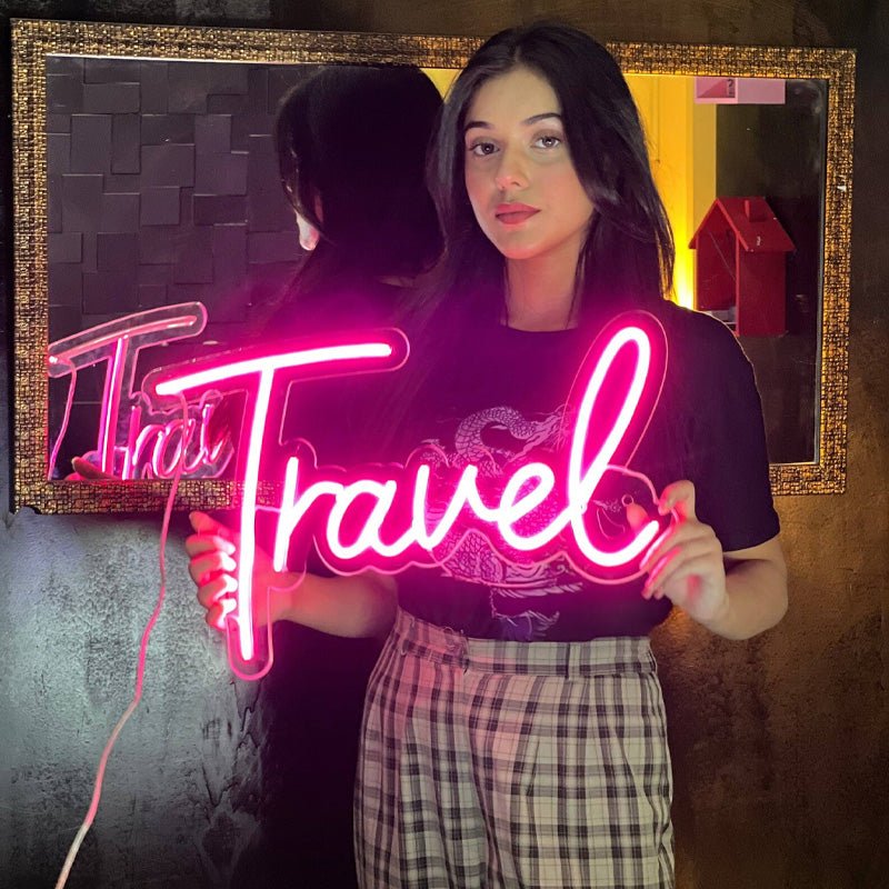 “Travel” Neon Sign – Pink Script LED Neon Light for Wanderlust Décor & Creative Spaces