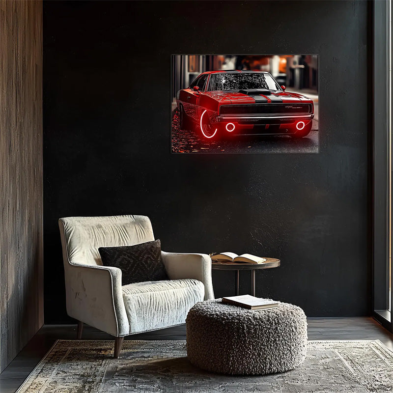 Classic Neon Muscle Car Wall Art (UV Printed) – Red Sports Car Man Cave Decor