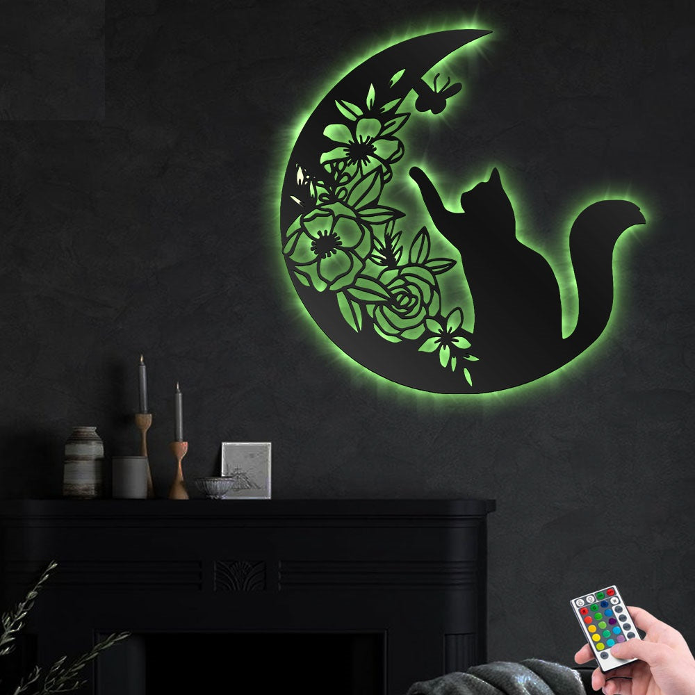 Floral Moon And Cat - Led Light Metal - Owls Matrix LTD