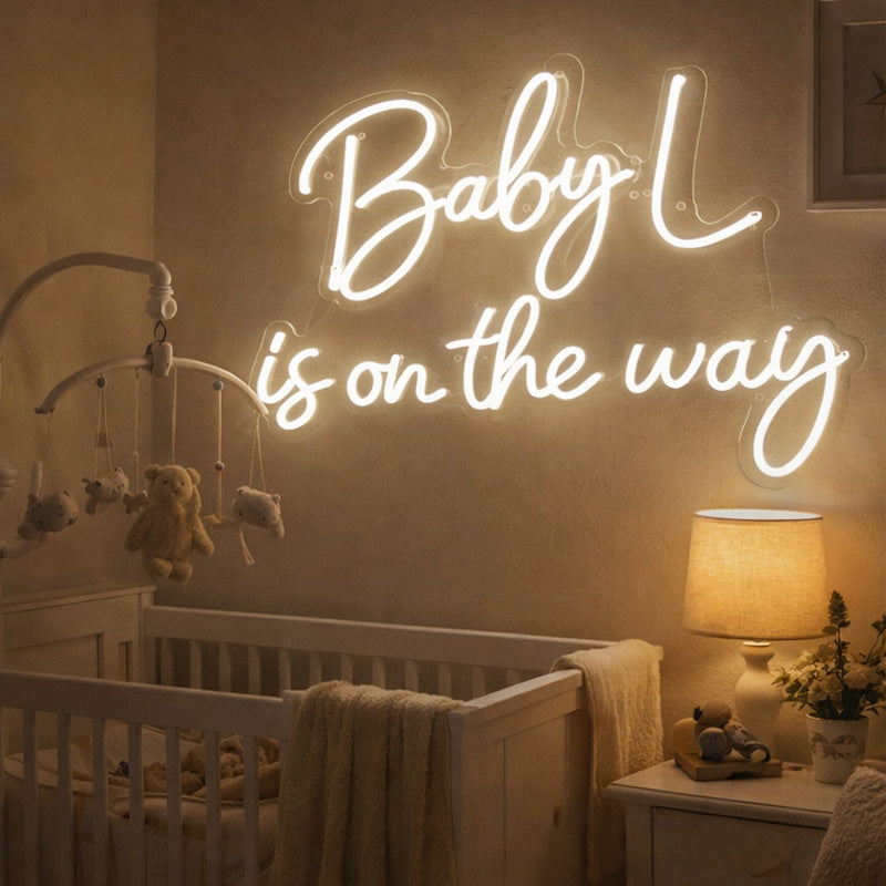 “Baby L on the Way” Neon Sign – Custom Baby Shower LED Neon Script Light for Pregnancy Announcement