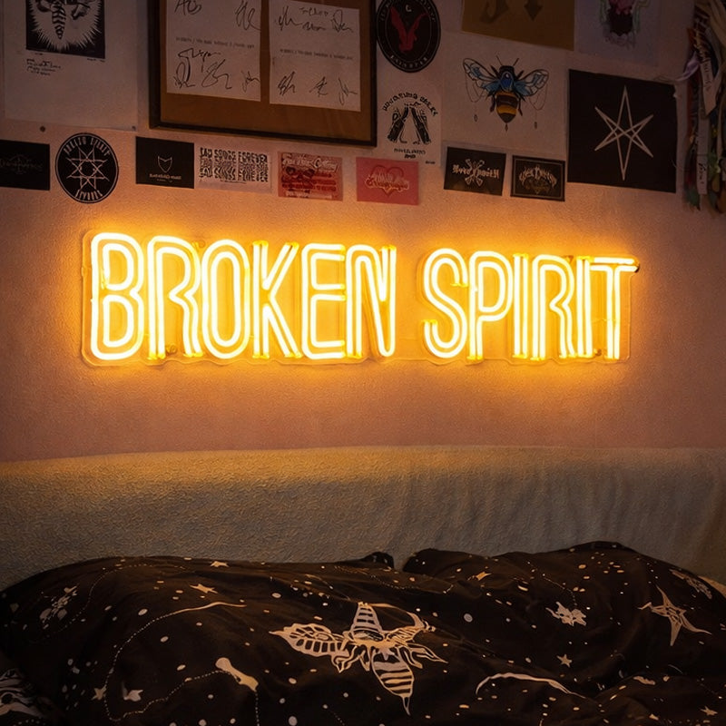 “Broken Spirit” Neon Sign – Bold Letter LED Neon Quote for Dark Aesthetic & Alternative Room Decor