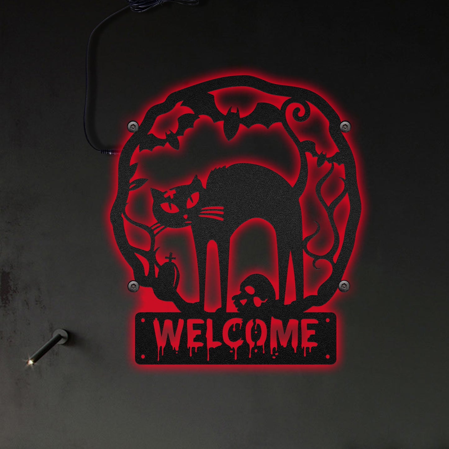 Cat Halloween Welcome Steel - Led Light Metal - Owls Matrix LTD