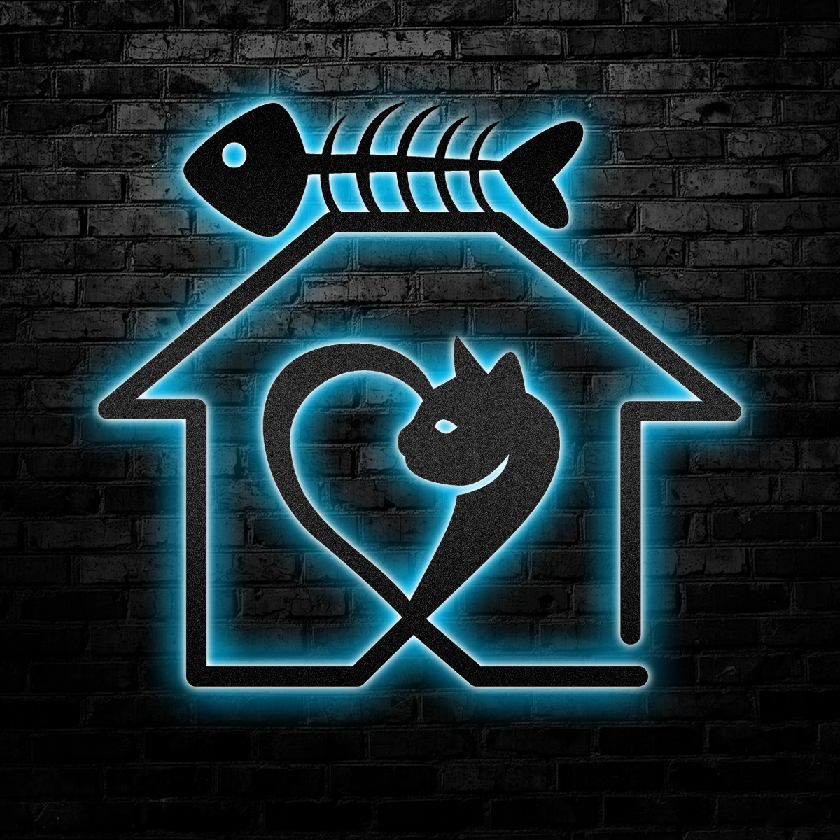 Cat Rustic In Heart House - Led Light Metal - Owls Matrix LTD