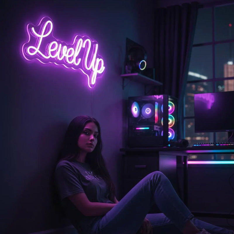 Level Up LED Neon Sign – Purple Gaming Room & Streaming Decor