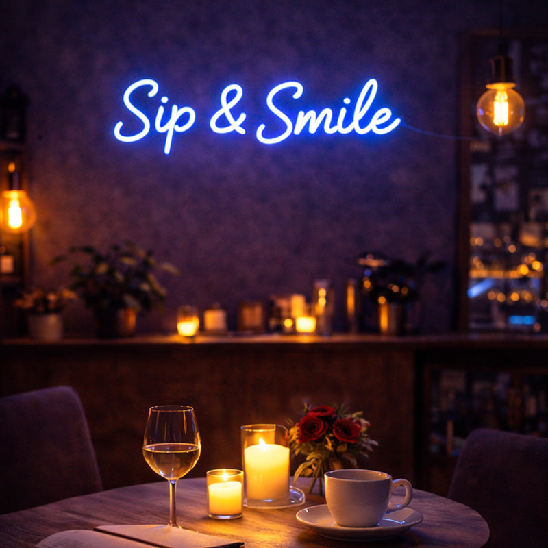 Sip & Smile – Cozy Neon Quote for Café & Lounge Spaces