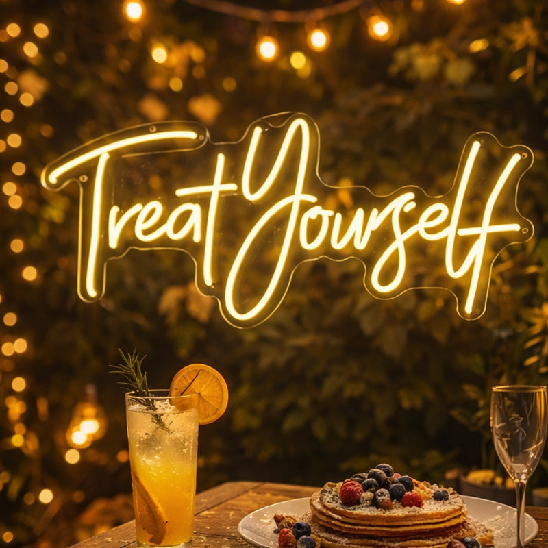 “Treat Yourself” Neon Sign – Warm White Script LED Neon Quote for Home & Self-Care Décor