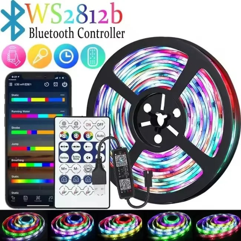 WS2812B RGBIC LED Strip Light USB 5V, Individually Addressable Smart Lights with Bluetooth Music Controller for Bedroom