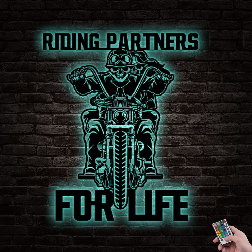 Motocross Skull Biker Couples Riding Partners For Life - Led Light Metal - Owls Matrix LTD