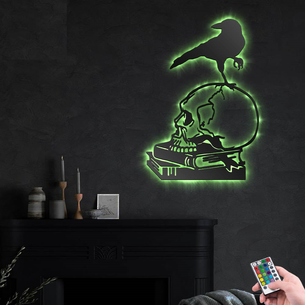 Skull Raven On Skull Crow Skeleton - Led Light Metal - Owls Matrix LTD