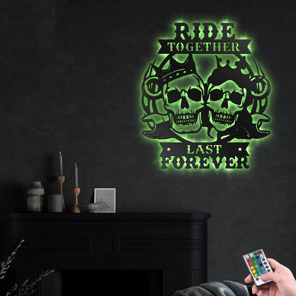 Skull Biker Couple Ride Together Last Forever Motorcycle - Led Light Metal - Owls Matrix LTD