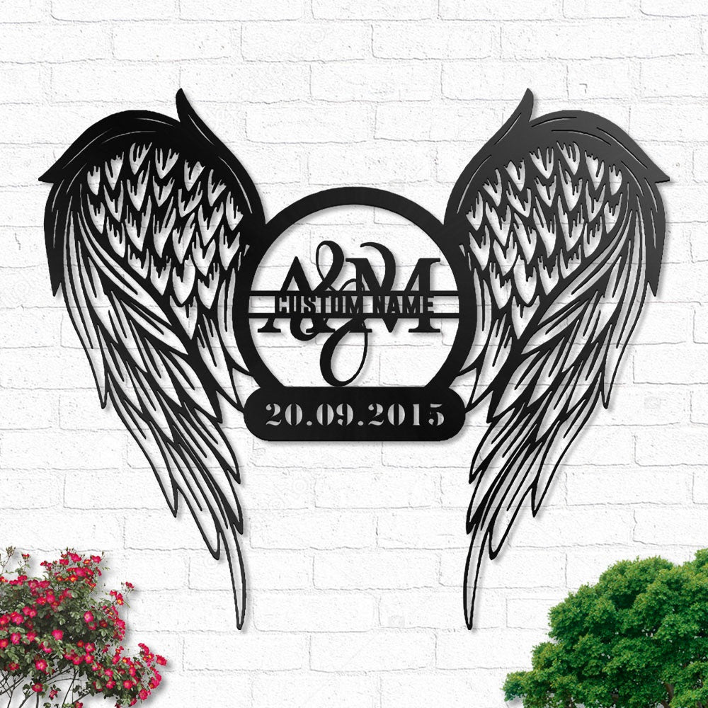 Angel Wings Couple Family Name Date Personalized - Led Light Metal - Owls Matrix LTD