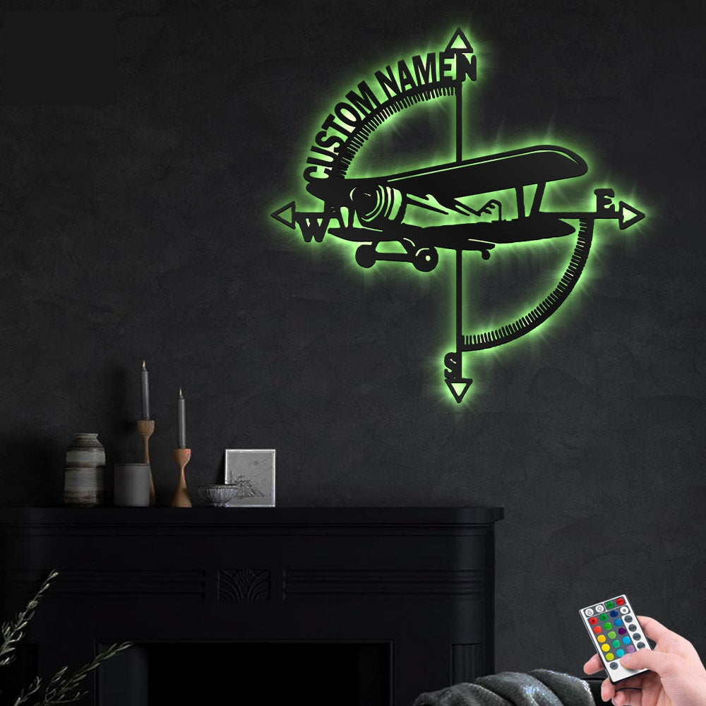 Compass biplane Airplane Personalized - Led Light Metal - Owls Matrix LTD