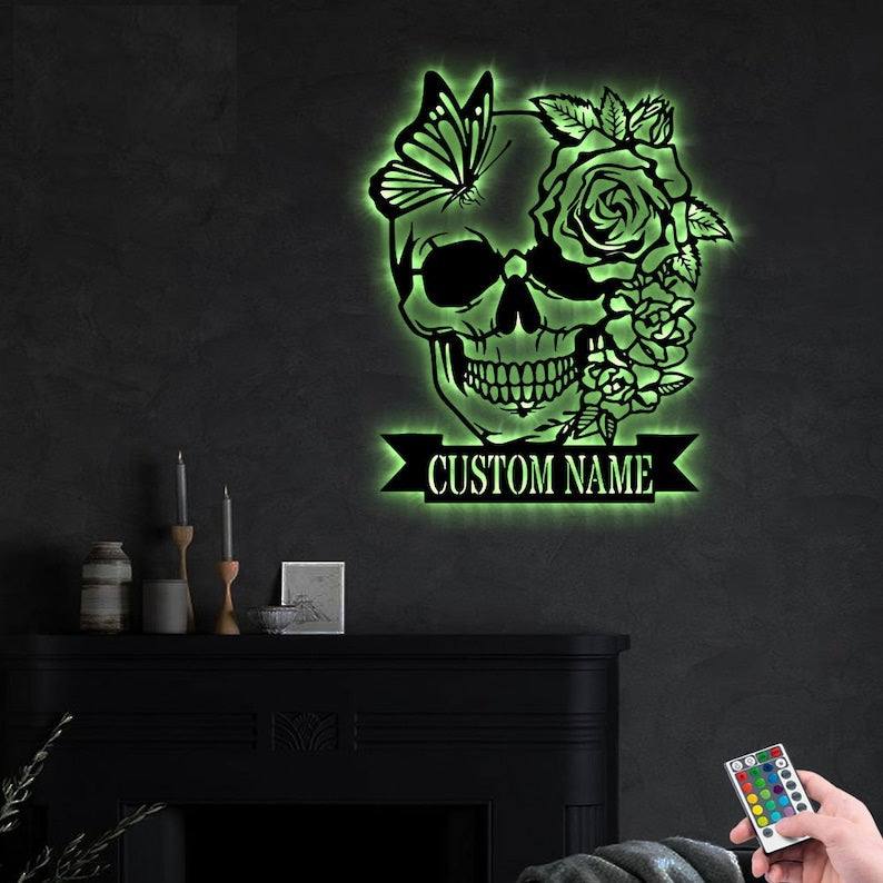 Skull Flower Butterfly Personalized - Led Light Metal - Owls Matrix LTD