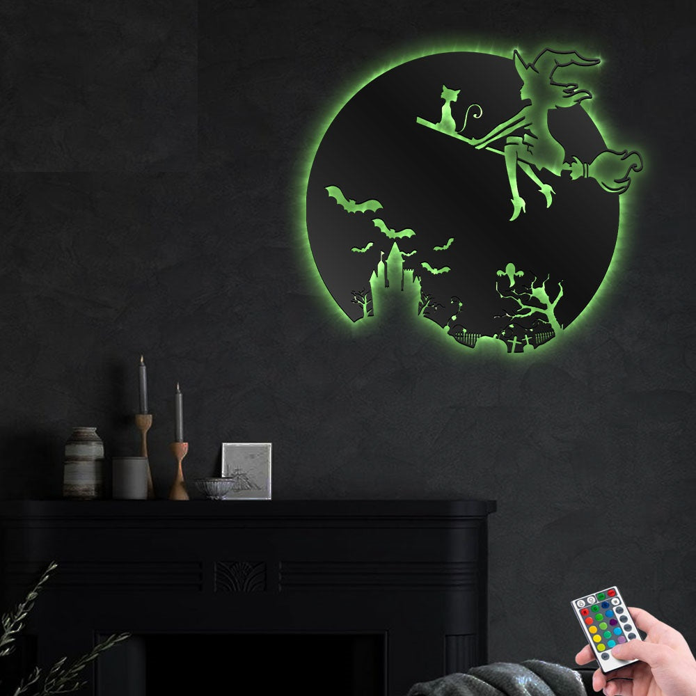 Halloween Girl Witch And Cat - Led Light Metal - Owls Matrix LTD