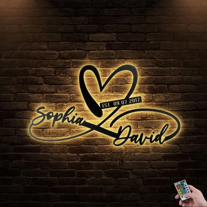 Couple Name And Date Heart Personalized - Led Light Metal - Owls Matrix LTD