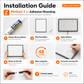 LED light box installation guide for adhesive mounting, showing silicone glue setup, position marking, adhesive application, wall mounting, 48-hour curing time, poster insertion, film removal, and power connection.