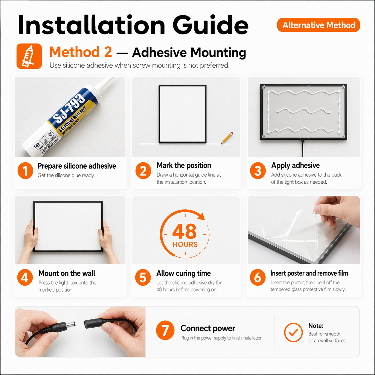 LED light box installation guide for adhesive mounting, showing silicone glue setup, position marking, adhesive application, wall mounting, 48-hour curing time, poster insertion, film removal, and power connection.