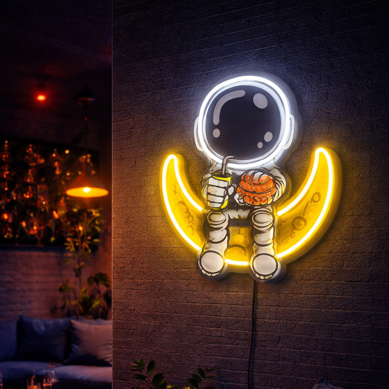 Astronaut on Crescent Moon Neon Sign – Space-Themed LED Wall Light Decor