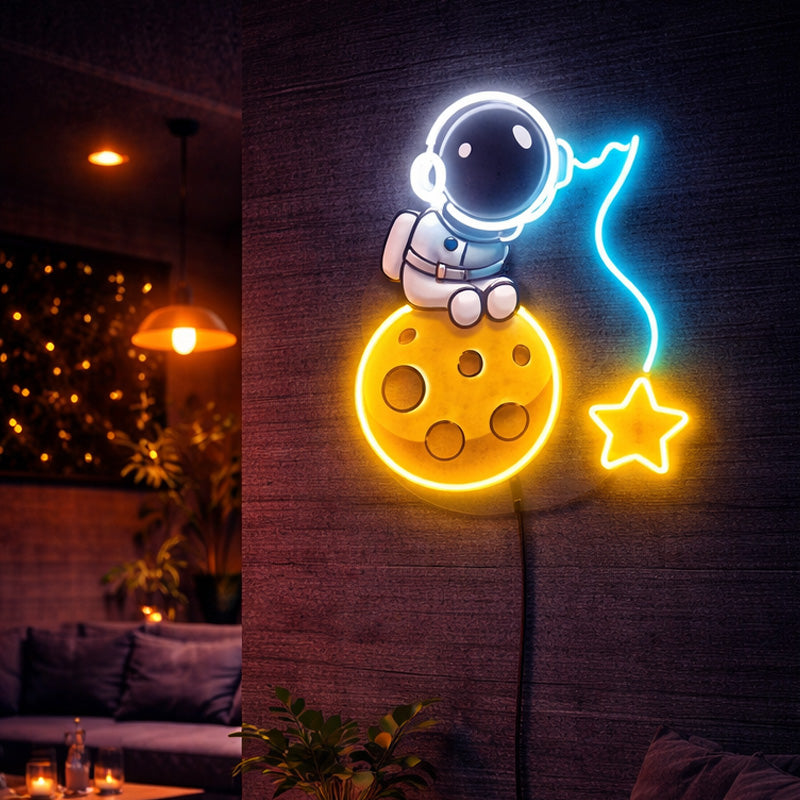 Astronaut on the Moon Neon Sign – Dreamy Space-Themed LED Wall Light with Star