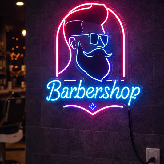 Barbershop Neon Sign with Bearded Man – LED Wall Light