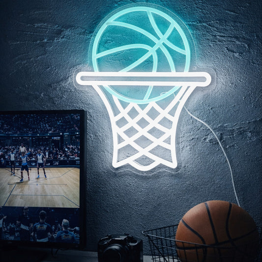 Basketball Hoop Neon Sign – Cool Blue & White LED Wall Light