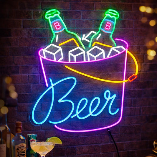 Beer Bucket Neon Sign – LED Bar Wall Light with Ice Bottles