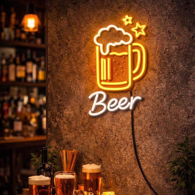 Beer Mug LED Neon Sign – Warm Yellow & White Bar Wall Light