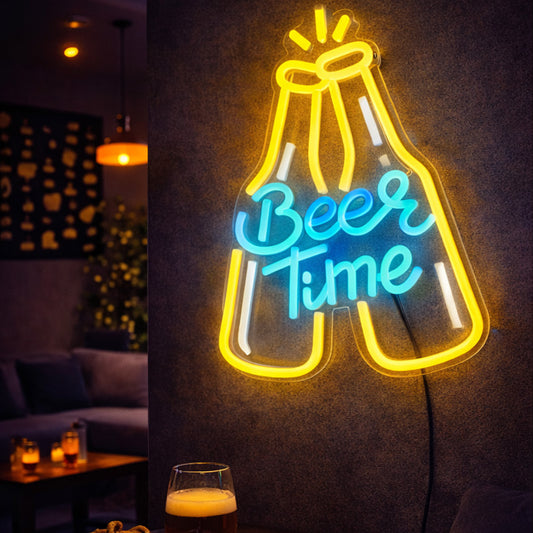 Beer Time Neon Sign – Yellow & Blue LED Neon Wall Light for Bar, Pub & Home Decor