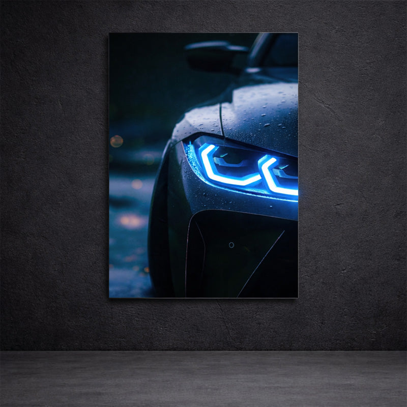 Blue LED Headlight Car Wall Art – Modern Automotive Canvas Print