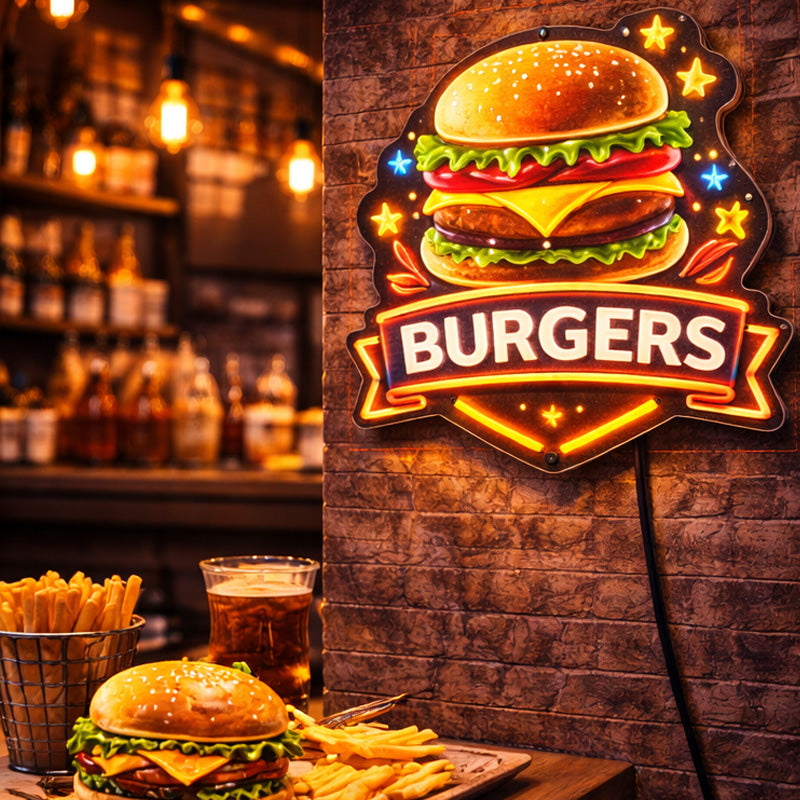 Burgers LED Neon Sign – Classic Fast Food Wall Light Decor