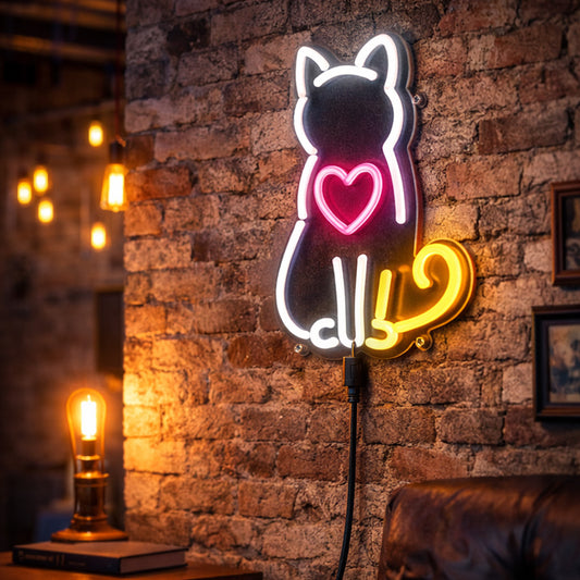 Cat with Heart Neon Sign – Cute LED Wall Light for Home, Café & Pet Lovers