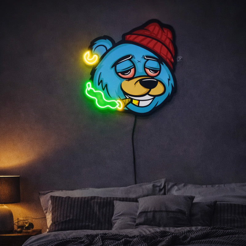 Chill Bear Neon Wall Sign – Sleepy Cartoon Bear LED Art with Beanie & Smoke Glow