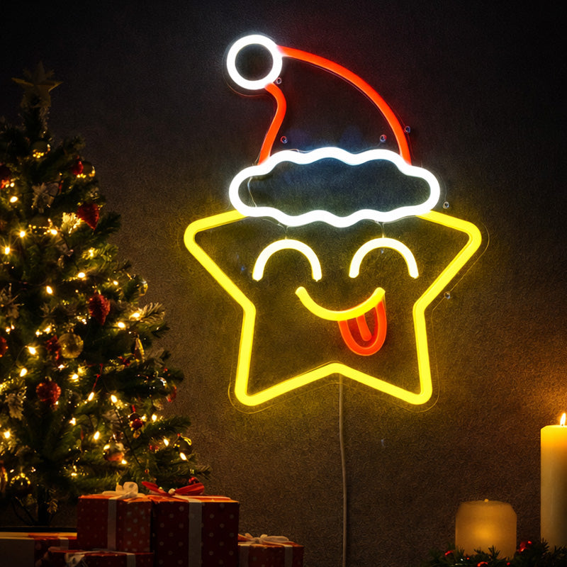 Christmas Star Neon Sign with Santa Hat – Festive LED Wall Light