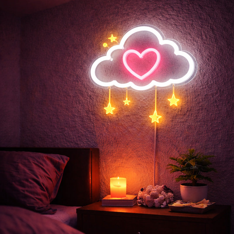 Cloud & Heart Neon Sign with Hanging Stars – Romantic LED Wall Light