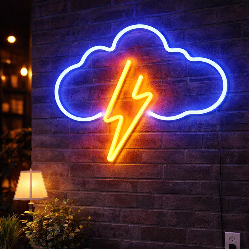 Cloud & Lightning LED Neon Sign – Blue and Yellow Acrylic Wall Light
