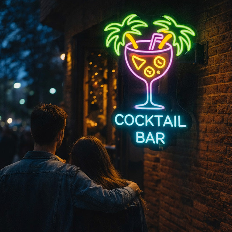 Cocktail Bar LED Neon Sign with Tropical Palm and Glass Design for Lounge, Pub and Wall Decoration