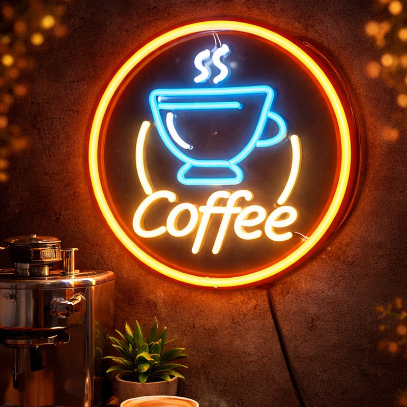 Coffee Cup Neon Sign – Round LED Café Wall Light