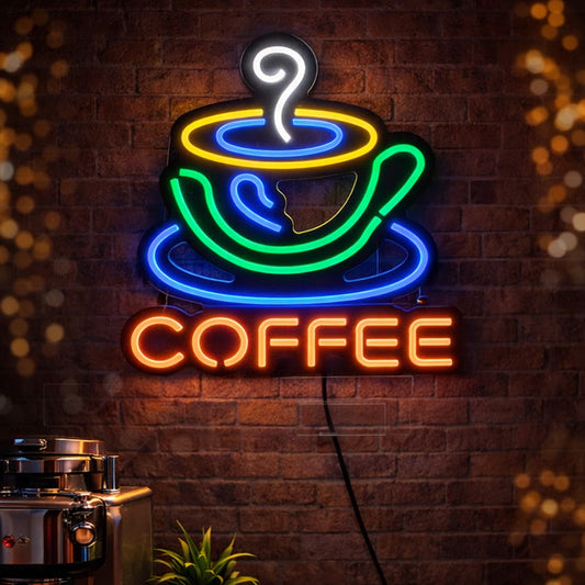 Colorful Coffee Cup Neon Sign – LED Café Wall Light with Text