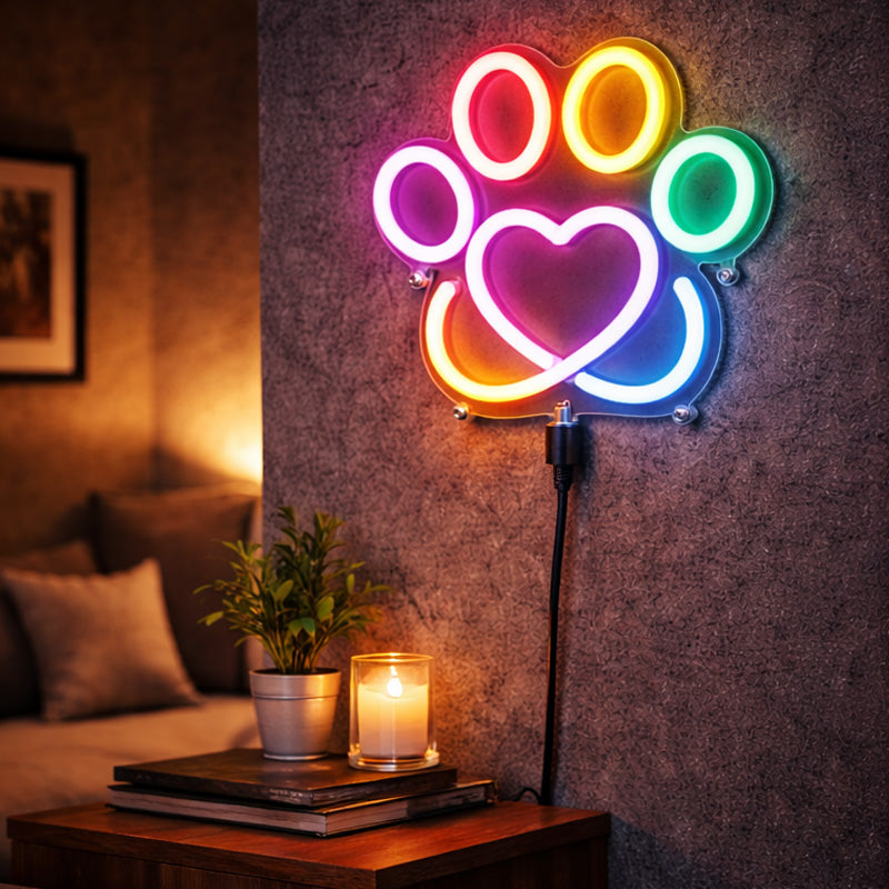 Colorful Paw & Heart Neon Sign – Cute Multicolor LED Wall Light for Pet Lovers