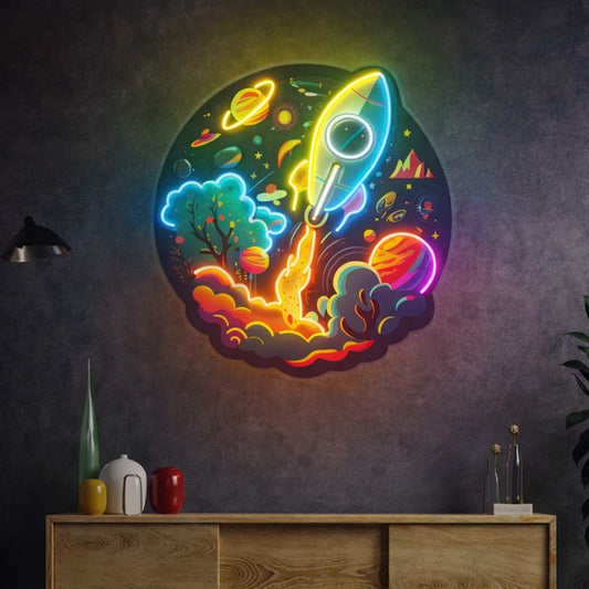 Colorful Rocket Launch Neon LED Wall Art – Space Theme Neon Sign