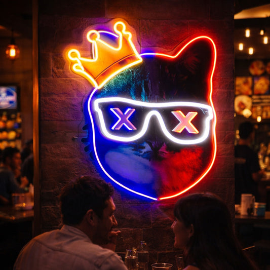 Cool Cat LED Neon Sign with Crown and Sunglasses Design for Bar, Club and Wall Decor