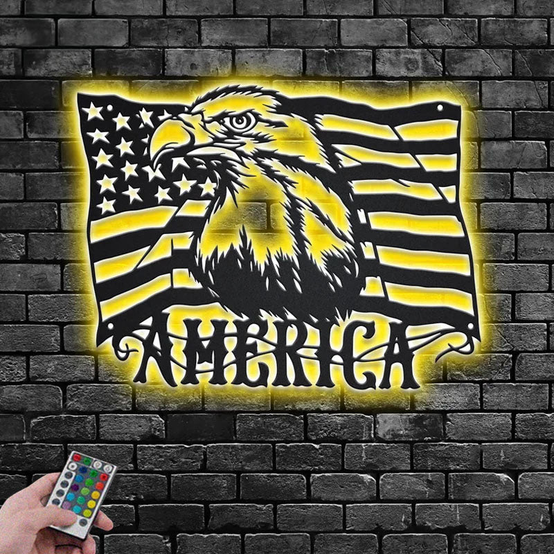 Custom Name American Eagle Flag Sign Decoration For Living Room, Metal Wall Signs With RGB Led Light