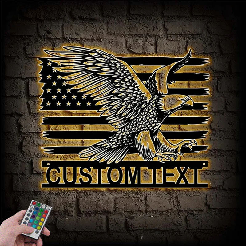 Custom Name American Flag Eagle Metal Wall Art, Metal Wall Signs With RGB Led Light