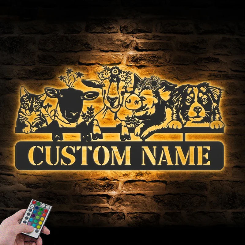 Custom Name Animal Livestock Name Sign Home Decor Farm Barn, Metal Wall Signs With RGB Led Light
